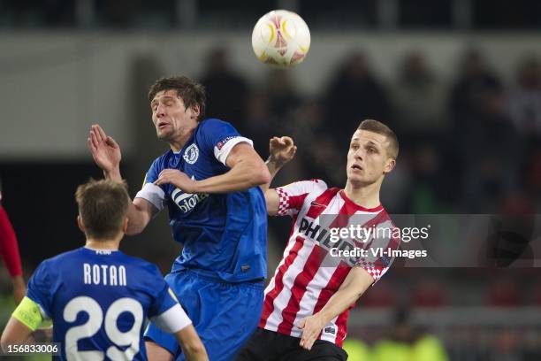 Ruslan Rotan of FC Dnipro Dnipropetrovsk, Yevhen Seleznyov of FC Dnipro Dnipropetrovsk, Timothy Derijck of PSV during the Europa League match between...