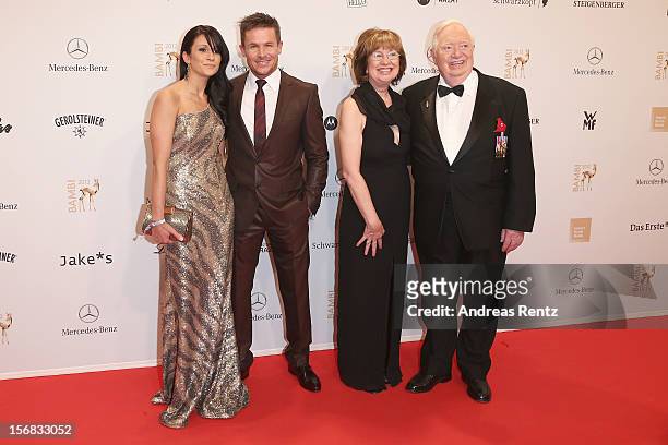 Felix Baumgartner and partner Nicole Oettli and Joe Kittinger with wife Sherry attend 'BAMBI Awards 2012' at the Stadthalle Duesseldorf on November...