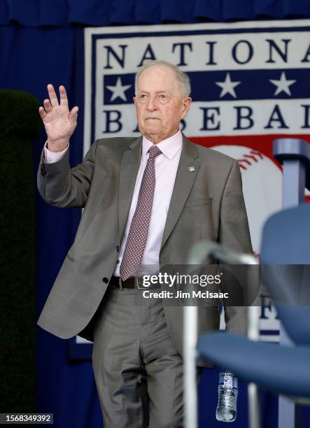 Hall of Famer Pat Gillick is introduced during the Baseball Hall of Fame induction ceremony at Clark Sports Center on July 23, 2023 in Cooperstown,...