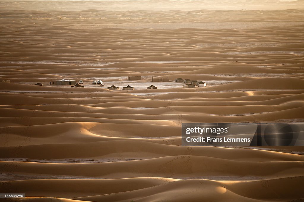 Morocco, Erg Chigaga sand dunes. Tourist camp