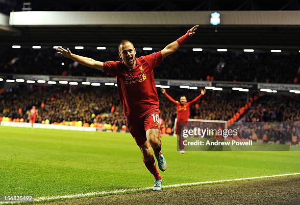 Joe Cole of Liverpool celebrates his goal during the UEFA Europa League Group A match between Liverpool and BSC Young Boys at Anfield on November 22,...