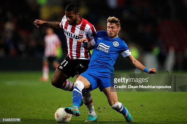 Jeremain Lens of PSV and Vitaliy Mandziuk of Dnipro battle for the ball during the UEFA Europa League Group F match between PSV Eindhoven and FC...
