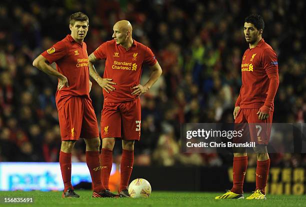 Steven Gerrard, Jonjo Shelvey and Luis Suarez of Liverpool look dejected after conceding a second goal during the UEFA Europa League Group A match...