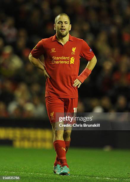 Joe Cole of Liverpool looks on during the UEFA Europa League Group A match between Liverpool FC and BSC Young Boys at Anfield on November 22, 2012 in...