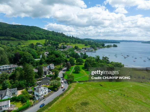 aerial view of waterhead and ambleside in lake district, a region and national park in cumbria in northwest england - ambleside bildbanksfoton och bilder