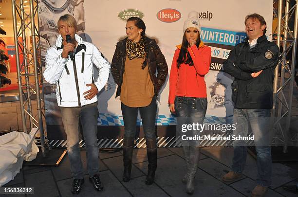 Dominic Heinzl, Carmen Stamboli, Tanja Duhovich and Andy Wernig attend the Swatch Snow Mobile 2012 press conference at Graben on November 22, 2012 in...