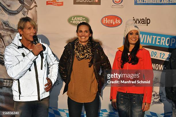 Dominic Heinzl, Tanja Duhovich and Carmen Stamboli attend the Swatch Snow Mobile 2012 press conference at Graben on November 22, 2012 in Vienna,...