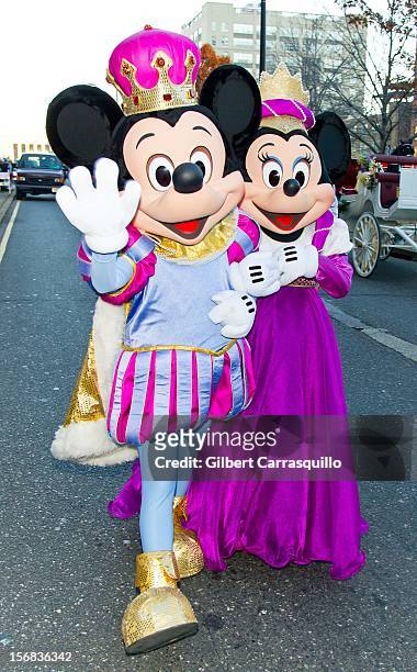 Disney characters Mickey Mouse and Minnie Mouse attend the 93rd annual Dunkin' Donuts Thanksgiving Day Parade on November 22, 2012 in Philadelphia,...