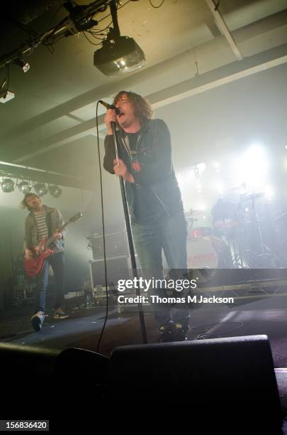 Oliver Main and Matt Bowman of Pigeon Detectives perform onstage at Newcastle University on November 22, 2012 in Newcastle upon Tyne, England.