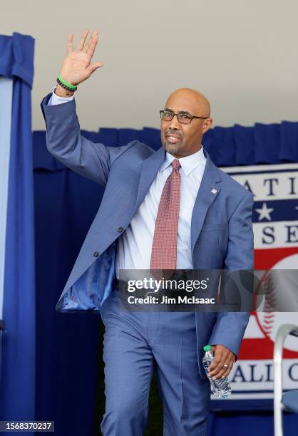 Hall of Famer Harold Baines is introduced during the Baseball Hall of Fame induction ceremony at Clark Sports Center on July 23, 2023 in Cooperstown,...
