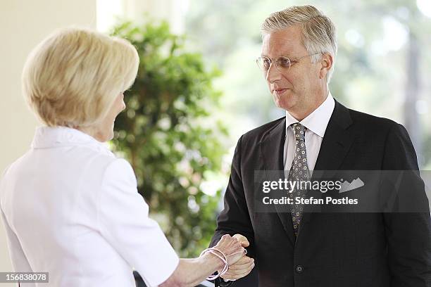 Prince Philippe of Belgium greets Ms Quentin Bryce, Governor-General of the Commonwealth of Australia, on arrival at Government House on November 23,...