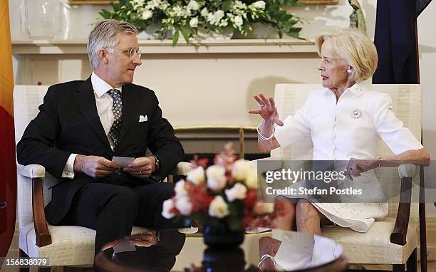 Prince Philippe of Belgium speaks with Ms Quentin Bryce, Governor-General of the Commonwealth of Australia, during a visit to Government House on...