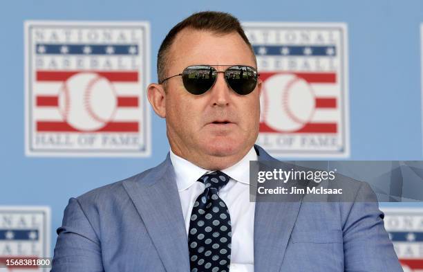 Hall of Famer Jim Thome looks on during the Baseball Hall of Fame induction ceremony at Clark Sports Center on July 23, 2023 in Cooperstown, New York.