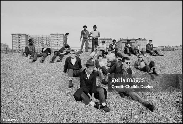 Members of British ska groups The Selecter, Madness and The Specials congregate on Brighton Beach during the 2 Tone Tour, October 1979. L-R Charlie...