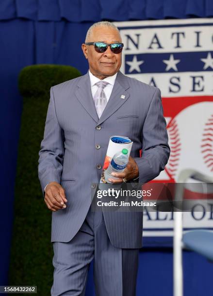 Hall of Famer Ozzie Smith is introduced during the Baseball Hall of Fame induction ceremony at Clark Sports Center on July 23, 2023 in Cooperstown,...