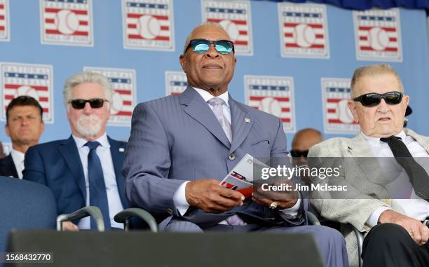 Hall of Famer Ozzie Smith looks on during the Baseball Hall of Fame induction ceremony at Clark Sports Center on July 23, 2023 in Cooperstown, New...