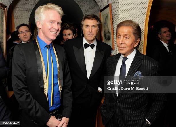 Sir Philip Treacy, Bryan Ferry and Valentino Garavani attend a launch hosted by The Vinyl Factory of Bryan Ferry's new album 'The Jazz Age' at...