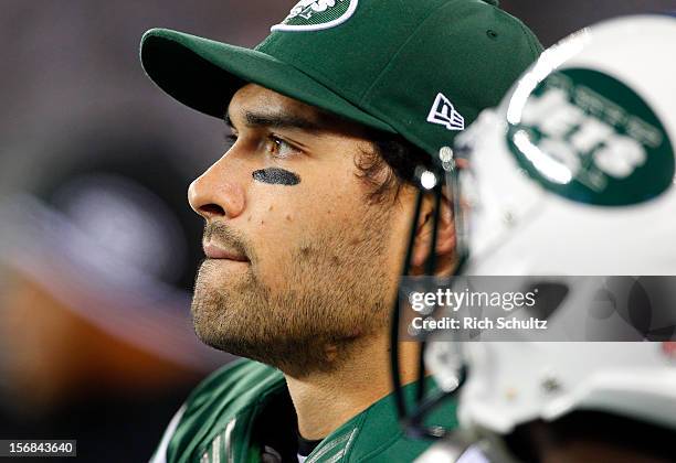 Quarterback Mark Sanchez of the New York Jets looks on near the end of the game against the New England Patriots at MetLife Stadium on November 22,...