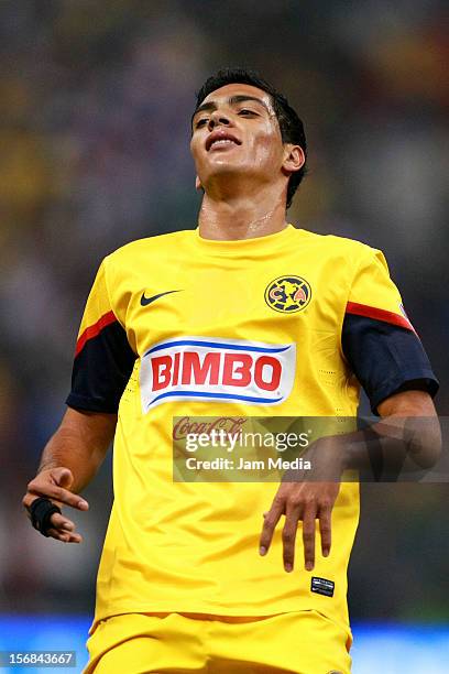 Raul Jimenez of America reacts during a semifinal match between America and Toluca as part of the Apertura 2012 Liga MX at Azteca Stadium on November...