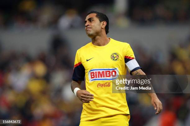 Daniel Montenegro of America reacts during a semifinal match between America and Toluca as part of the Apertura 2012 Liga MX at Azteca Stadium on...