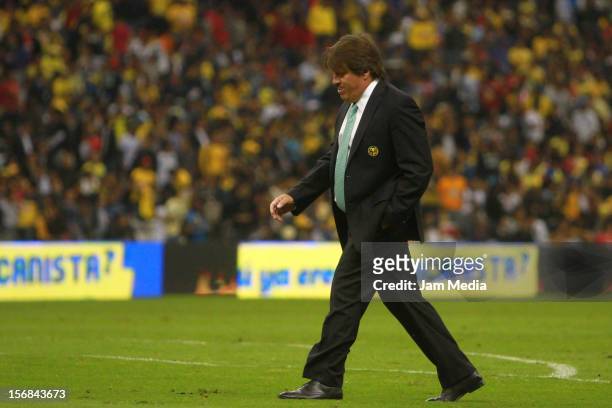 Coach Miguel Herrera of America during a semifinal match between America and Toluca as part of the Apertura 2012 Liga MX at Azteca Stadium on...