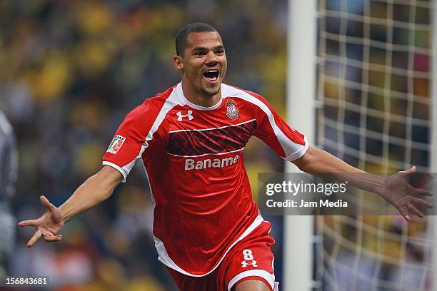 Lucas Silva of Toluca celebrates a scored goal during a match against America as part of the semifinal Apertura 2012 Liga MX at Azteca Stadium on...