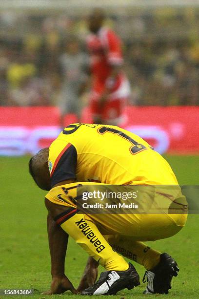 Christian Benitez of America reacts during a semifinal match between America and Toluca as part of the Apertura 2012 Liga MX at Azteca Stadium on...