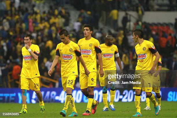 Players of America react during a semifinal match between America and Toluca as part of the Apertura 2012 Liga MX at Azteca Stadium on November 22,...