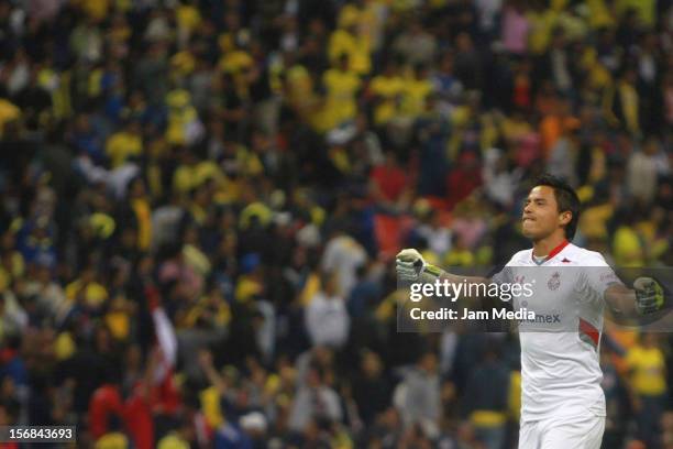 Alfredo Talavera of Toluca celebrates a scored goal against America during a semifinal match between America and Toluca as part of the Apertura 2012...