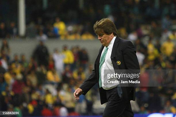 Coach Miguel Herrera of America during a semifinal match between America and Toluca as part of the Apertura 2012 Liga MX at Azteca Stadium on...