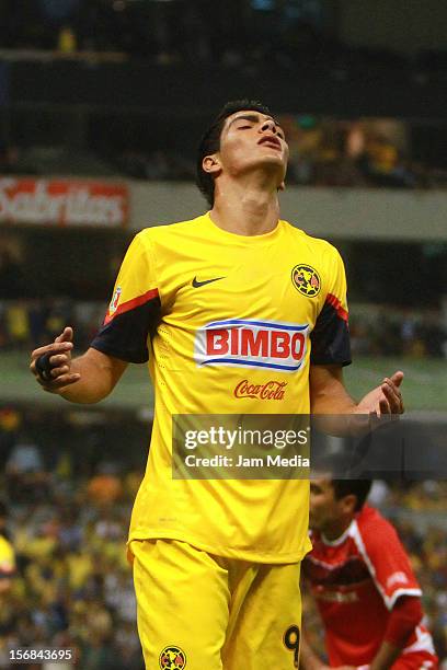 Raul Jimenez of America reacts during a semifinal match between America and Toluca as part of the Apertura 2012 Liga MX at Azteca Stadium on November...