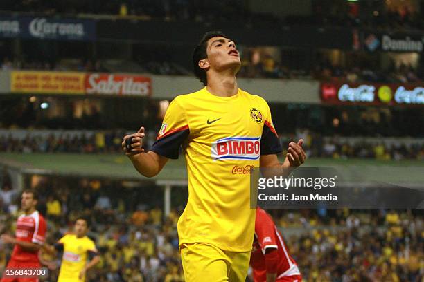 Raul Jimenez of America reacts during a semifinal match between America and Toluca as part of the Apertura 2012 Liga MX at Azteca Stadium on November...