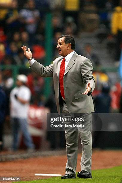 Enrique Meza coach of Toluca during a match against America as part of the semifinal Apertura 2012 Liga MX at Azteca Stadium on November 22, 2012 in...