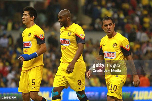 Jesus Molina , Aquivaldo Mosquera and Daniel Montenegro of America react during a semifinal match between America and Toluca as part of the Apertura...