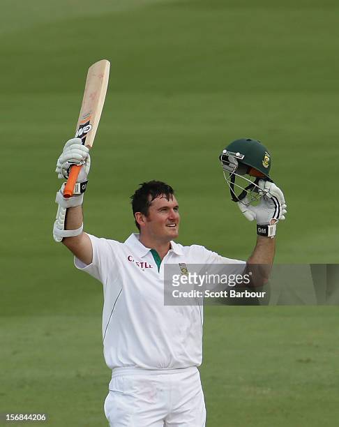 Graeme Smith of South Africa celebrates as he reaches his century on during day two of the Second Test match between Australia and South Africa at...