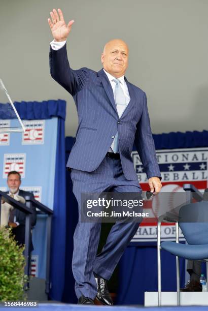 Hall of Famer Cal Ripkin Jr. Is introduced during the Baseball Hall of Fame induction ceremony at Clark Sports Center on July 23, 2023 in...