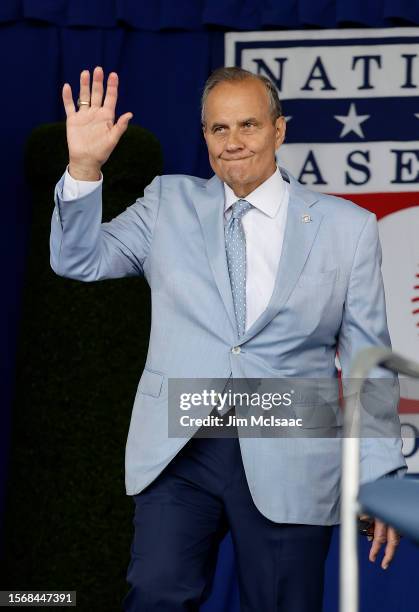 Hall of Famer Joe Torre is introduced during the Baseball Hall of Fame induction ceremony at Clark Sports Center on July 23, 2023 in Cooperstown, New...