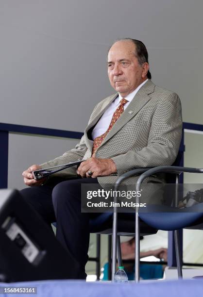 Hall of Famer Johnny Bench looks on during the Baseball Hall of Fame induction ceremony at Clark Sports Center on July 23, 2023 in Cooperstown, New...