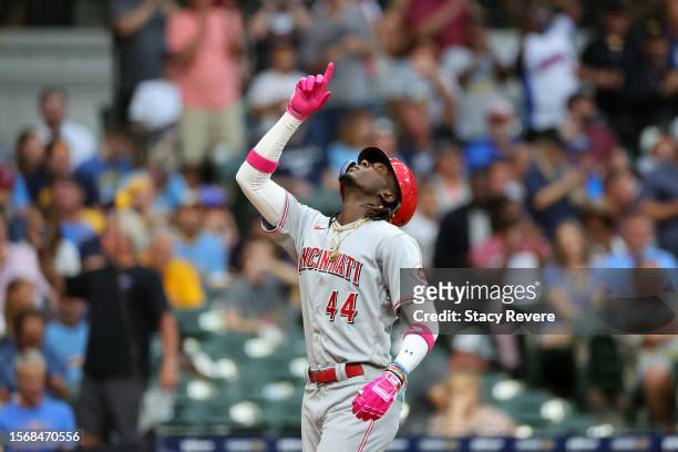 Elly De La Cruz of the Cincinnati Reds celebrates a two run home run against the Milwaukee Brewers in the third inning at American Family Field on...