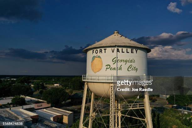 Georgia's Peach City" is written on the water tower above the town on July 24, 2023 in Fort Valley, Georgia. Peach farmers in Georgia say that a heat...