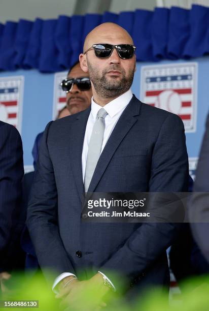 Hall of Famer Derek Jeter looks on during the Baseball Hall of Fame induction ceremony at Clark Sports Center on July 23, 2023 in Cooperstown, New...
