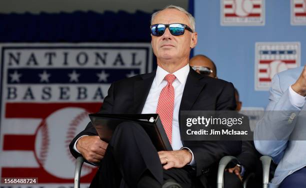 Commissioner Rob Manfred looks on during the Baseball Hall of Fame induction ceremony at Clark Sports Center on July 23, 2023 in Cooperstown, New...