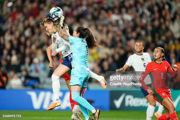 Alex Morgan of USA and San Diego Wave and Ines Teixeira Pereira of Portugal and Servette Fc Chenois compete for the ball during the FIFA Women's...