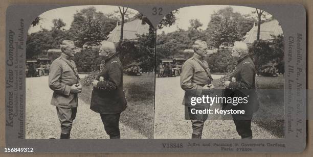American general John Joseph Pershing with French general Joseph Joffre in Governor's Gardens, Paris, France, World War One, circa 1917.