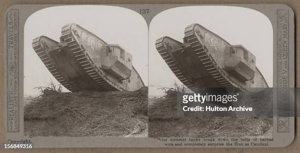 British Mark IV tank on the battlefield at Cambrai, France, World War One, 1917.