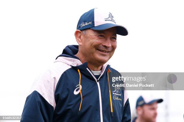 Wallabies head coach Eddie Jones smilesduring an Australia Wallabies training session at Brighton Grammar School on July 25, 2023 in Melbourne,...