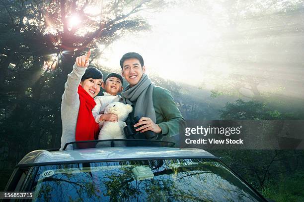 a family go outing by car - sunroof stock pictures, royalty-free photos & images