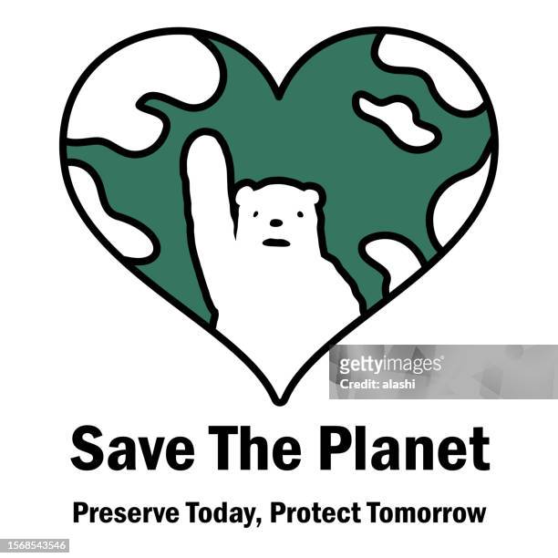 polar bear pleads for help in a heart-shaped earth planet, save the planet, sustainability, and environmental protection - desertification stock illustrations