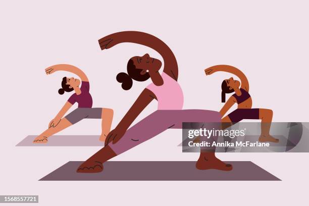 a multiracial group of three women do yoga together - breathing exercise stock illustrations