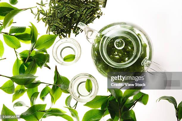 tea,teapot and teacup - cup of tea from above fotografías e imágenes de stock